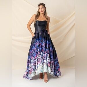 NWT Betsy & Adam Black Ombre Floral Strapless High Low Ball Gown Sz 10P